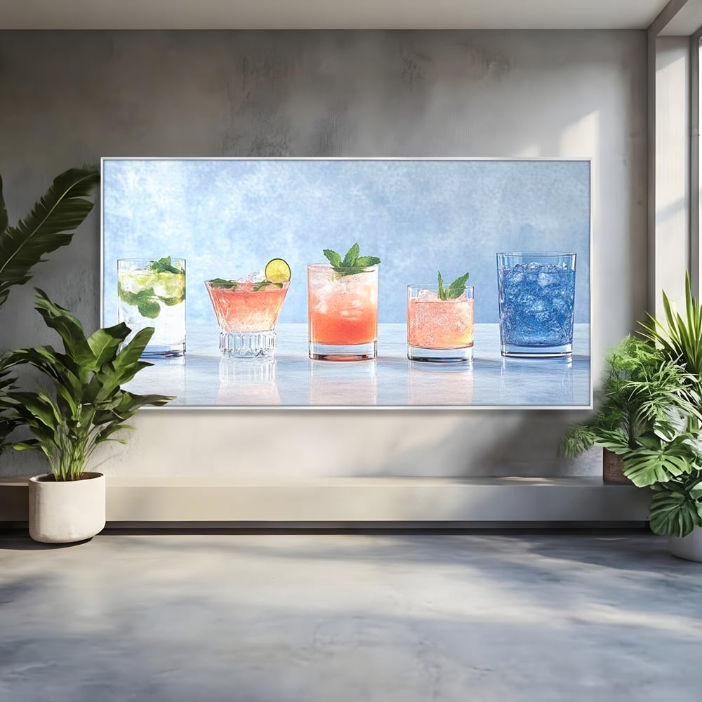 Tablou canvas cu tablou canvas cu cinci pahare de cocktail, in rama de aluminiu argintiu